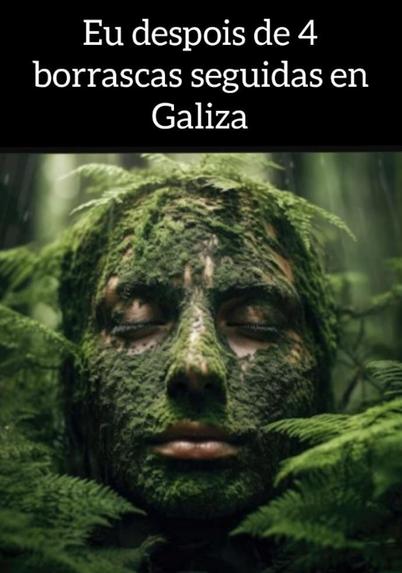 ALT un meme que consiste en una cara cubierta de musgo y bosque y un texto que en galego pone yo despues de 4 borrascas seguidas en Galicia