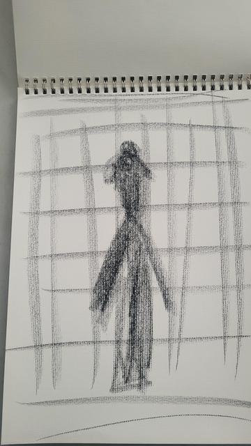 Geisha/geiko woman behind a Japanese Shoji door charcoal sticks