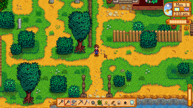 Screenshot ze hry Stardew Valley. Postava stojí uprostřed křižovatky na jižním cípu města. Pořízeno na Raspberry Pi 5