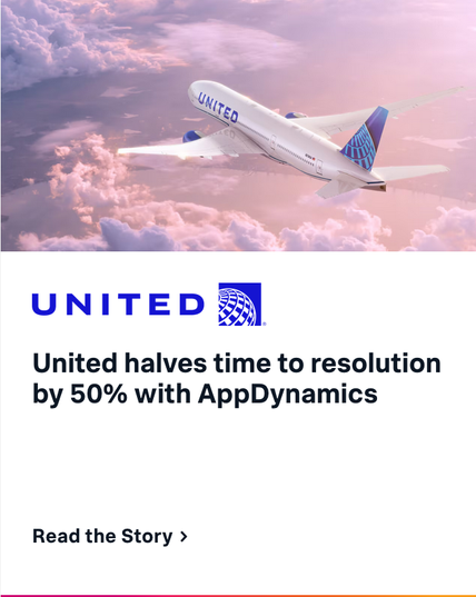 Eine Klickmich-Kachel, oben ist ein Flugzeug in den Wolken zu sehen, auf dem "UNITED" steht. Darunter der Text: „United halves time to resolution by 50% with AppDynamics. Read the Story“.
