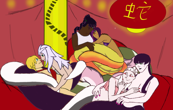 Various lamia characters cuddling on a pile of red pillows among Chinese New Year-inspired decorations. To clarify, lamia have the upper body of a human and the lower body of a snake.