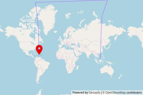 A map showing the great circle route from Kuala Belait in Brunei Darussalam to a map pin at Iglesia La Senda Antigua, Avenida Vista Alta, Mucarabones, PR 00953, United States of America