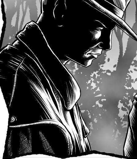 Close up of a fully inked comic book character. 