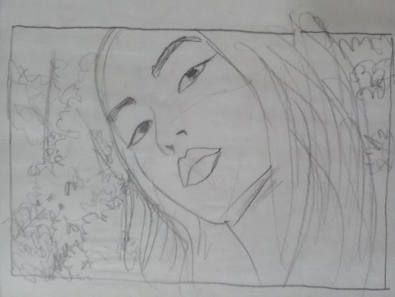 a pencil drawing of a young woman's face, looking at the viewer with a relaxed expression, the viewer in a low perspective, some quick lines of vegetation behind her 