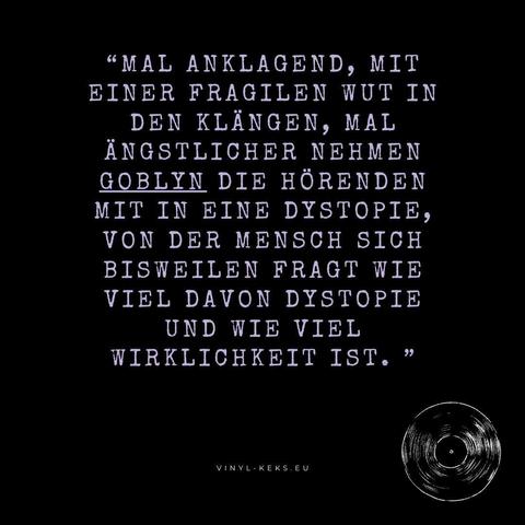 “MAL ANKLAGEND, MIT
EINER FRAGILEN WUT IN
DEN KLÄNGEN, MAL
ANGSTLICHER NEHMEN
GOBLYN DIE HÖRENDEN
MIT IN EINE DYSTOPIE,
VON DER MENSCH SICH
BISWEILEN FRAGT WIE
VIEL DAVON DYSTOPIE
UND WIE VIEL
WIRKLICHKEIT IST. ”

