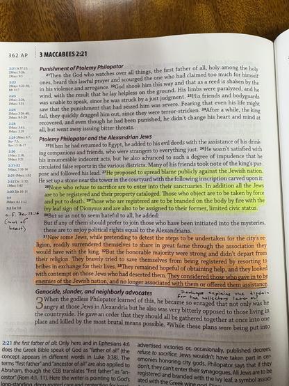 The image shows an open book page featuring a text from the "3 Maccabees," with highlighted sections. The text discusses the punishment of Ptolemy Philopator and his actions against the Alexandrian Jews, describing themes of oppression,