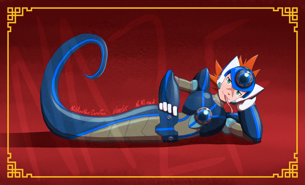 Axl from Megaman X in a naga form. Alternate version where his armor is blue. He's lying on his left side, left arm propping his head up, right hand on his hip. He's looking at the camera with half-lidded eyes and a smirk on his face as he flicks a snake-like tongue from his mouth.