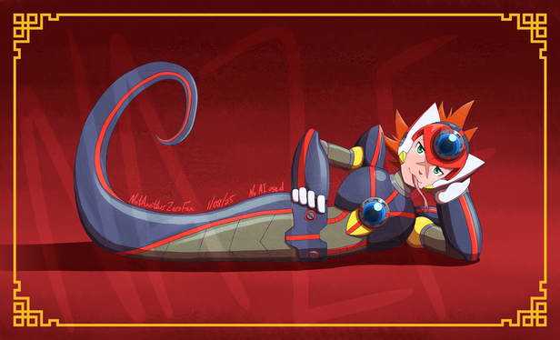 Axl from Megaman X in a naga form. He's lying on his left side, left arm propping his head up, right hand on his hip. He's looking at the camera with half-lidded eyes and a smirk on his face as he flicks a snake-like tongue from his mouth.