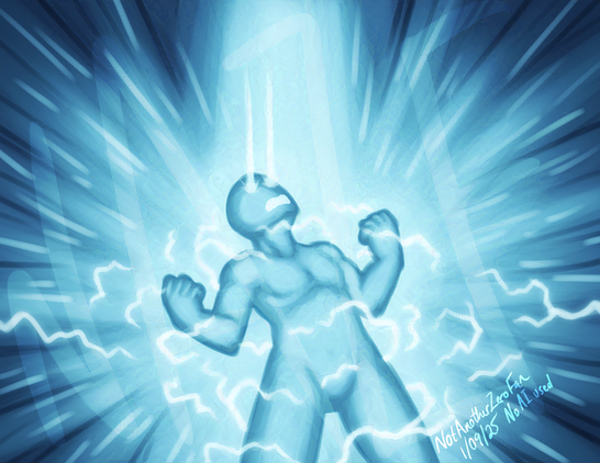 A supercharged humanoid character receiving a burst of energy from above. Electrical sparks surround the being.