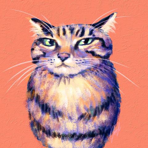 Painting of a judgmental cat shaped like a torpedo with an orange background. The artist's signature and @joyousjoyfuljoyness watermark are on the bottom.