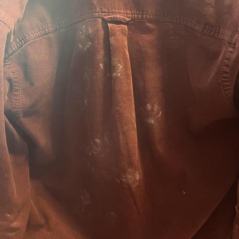 The back of a red shirt is covered with chalky white cat paw prints