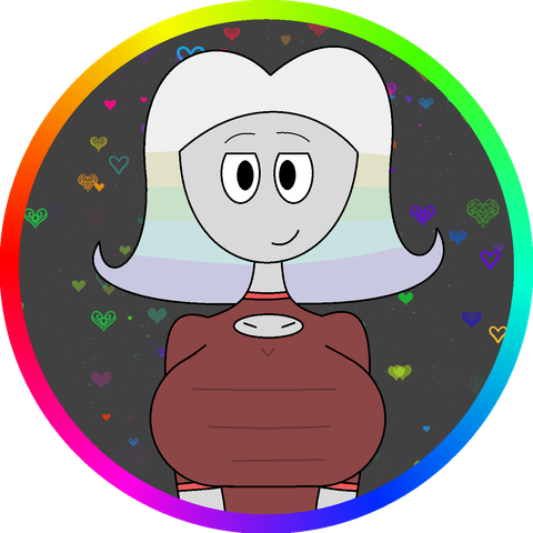Bust drawing of a happy Tungsten. The bust border is colored to look like a rainbow. The background of the bust has a couple hearts of multiple colors everywhere.