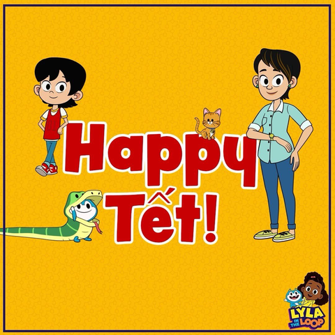 Everett Phan, Kibbles the cat, his mom Thị Phan and Stu dressed as a snake surround the red text, “Happy Tết!”