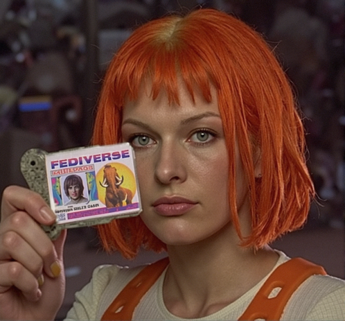 Mila Jovovich in ihrer Rolle im Film das Fünfte Element hält statt einem Multipass einen Pass Hoch auf dem steht Fediverse