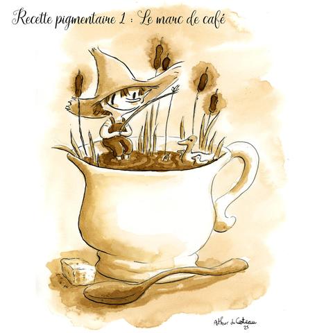 Illustration d'un lutin pêchant dans une tasse de café. Dessin réalisé à l'encre et coloré au marc de café