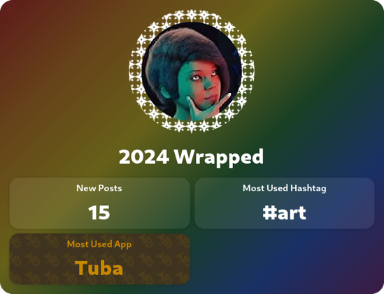 Screenshot of my 2024 Wrapped annual report using Tuba.I made 15 posts.My most used hashtag was #art.My most used app was Tuba.