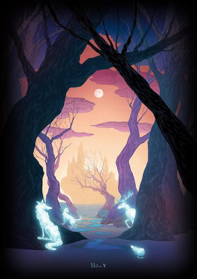 Les maraudeurs sous leur forme animale dans la forêt interdite, le jour tombe et la lune est déjà visible dans un ciel orange. Les nuages et les arbres proches de la lumière sont violets.