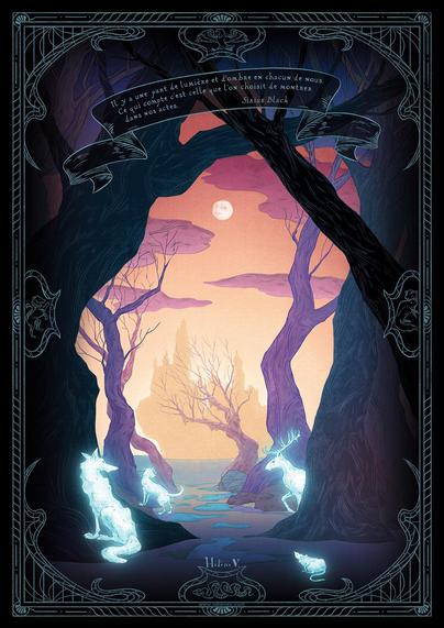 Les maraudeurs sous leur forme animale dans la forêt interdite, le jour tombe et la lune est déjà visible dans un ciel orange. Les nuages et les arbres proches de la lumière sont violets. Il y a un cadre décoratifs bleu clair où l'on peut voir les animaux des quatre maisons de Poudlard : un lion, un serpent, un blaireau et un aigle, ainsi qu'un texte en haut, une citation de Sirius Black de Harry Potter et l'Ordre du Phénix : "Il y a une part de lumière et d'ombre en chacun de nous. Ce qui compte c'est celle que l'on choisit de montrer dans nos actes."