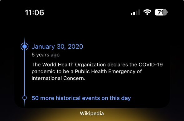 A Wikipedia event of the day, showing that the World Health Organisation declared COVID-19 an international emergency on this day on January 30th, 2020. 