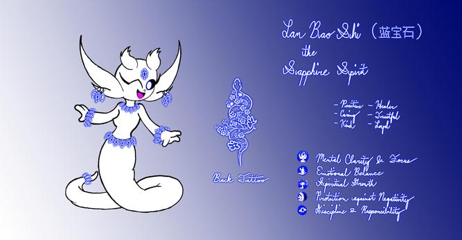 Lan Bao Shi, the Sapphire Spirit is a healer snake spirit with her back tattoo of a snake and flowers filled with positive energy, gifted by the Spirit Tree of Nibel itself. She's very caring, kind, trustworthy, and loyal to those in need of fighting off negativity. Both Lan and Daiyu the Black Jade Spirit are best friends and will do what it only takes to keep themselves, their friends, everyone throughout Nibel, Niwen, and across the world safe from negative energies from happening. Lan have five abilities used with the sapphire's light. Mental Clarity & Focus: promotes concentration and clear thinking, aiding in decision-making and problem-solving. Emotional Stability: to help calm the mind, alleviate stress and anxiety, and foster emotional stability. Spiritual Growth: by wearing sapphire can enhance intuition and connect one to a higher spiritual plane. Protection from Negativity: Sapphire is often seen as a shield against negative energies, envy, and harm. Discipline & Responsibility: In astrology, sapphires are linked to planet Saturn, which is associated with discipline and responsibility, making them beneficial for those seeking structure in their lives. Lan Bao Shi slithers her way forward and her sapphire jewelry will always bring forth all enhance focus and self-discipline to all in dire need through times like this. Lan Bao Shi wishes you, the world the very best year of the snake and for a much better living. 
