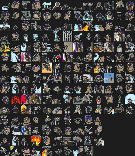 picture showing 180 various stickers featuring an anthropomorphic bearded vulture with a violet top of the head,a peacock feather tattoo on their left arm, and wearing a choker and tanktop.Many memes and funny ideas can be seen on the collage.