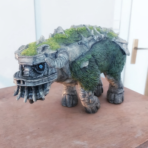 Clay sculpture of Quadratus, the second colossus in Shadow of the Colossus. A gigantic stone bull covered with vegetation.