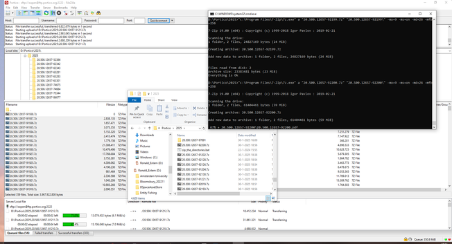 Three overlapping Windows, showing FileZilla - uploading zipped files, Windows Explorer - showing other zipped files and a command prompt screen - showing 7-Zip working on files