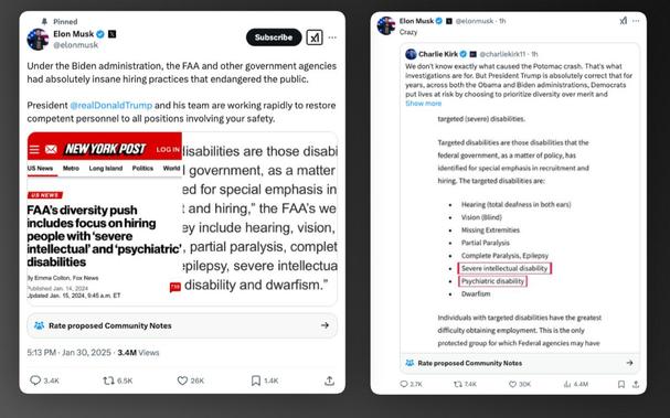 Pinned
Elon Musk
@elonmusk

Under the Biden administration, the FAA and other government agencies
had absolutely insane hiring practices that endangered the public.
President @realDonaldTrump and his team are working rapidly to restore
competent personnel to all positions involving your safety.