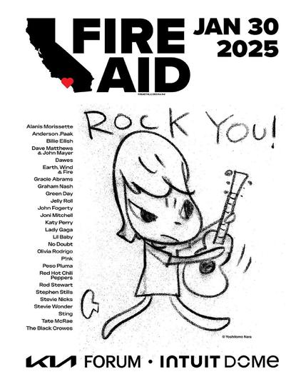 Graphic featuring official FireAid LA merchandise commissioned by Yoshitomo Nara.