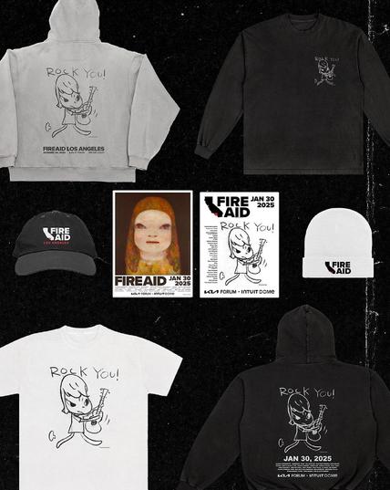 Graphic featuring official FireAid LA merchandise commissioned by Yoshitomo Nara.