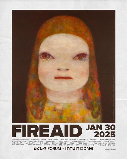 Graphic featuring official FireAid LA merchandise commissioned by Yoshitomo Nara.