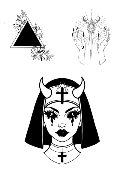 Triangle noir entouré de fleurs. Dague travaillée avec un crâne de cerf entourée de 2 mains. None possédée par le diable.  