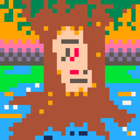 Pixel art of a marsh at sunset. In the center of the frame is a large tree with the bark scraped off on one side of the tree. There are two symbols on the scraped wood, in red and grey paint, each comprised of three strokes.