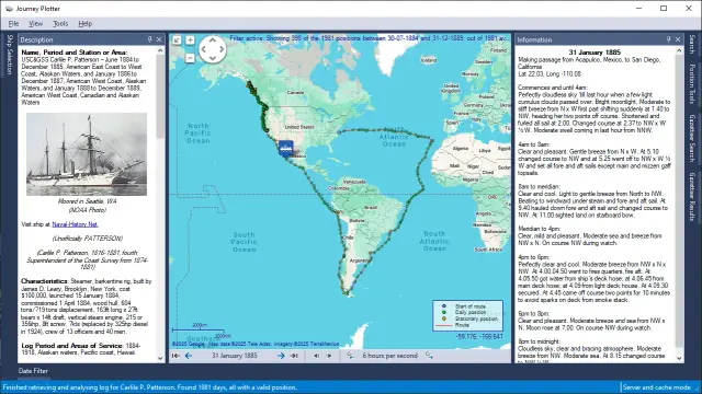 Journey Plotter showing the 1884-1889 journey of USC&GSS Carlile P. Patterson, sailing from the US east coast to the West coast, by way of the bottom of South America, and working along the west coast of the US and Alaska.