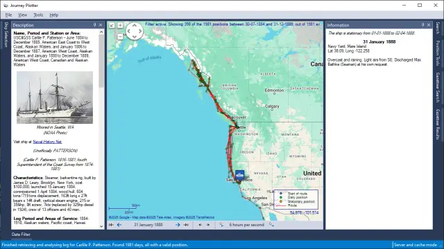 Journey Plotter showing the 1885-1889 journey of USC&GSS Carlile P. Patterson, working along the west coast of the US and Alaska.