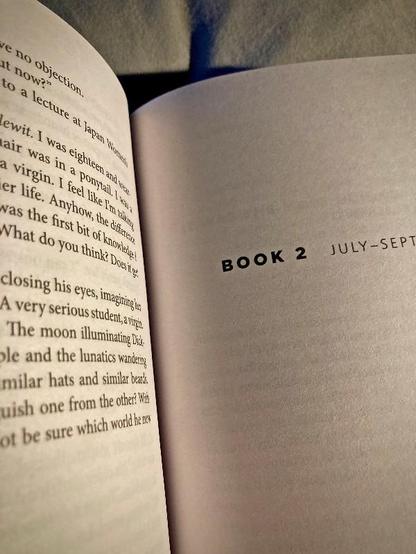 A book open, on the left-hand side, there are printed characters, while on the right, the words Book 2 July-Sept © 2025 Gilles Denizot