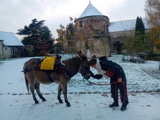 Une photo d'une ânesse et de moi. On fait un exercice de médiation animale:  le respect commun. Devant un pigeonnier. Il y a de la neige par terre. Ce jour là, la télé est venue filmer pour faire un reportage de 2/3mn, à propos d'herboristerie, sur une chaîne française
