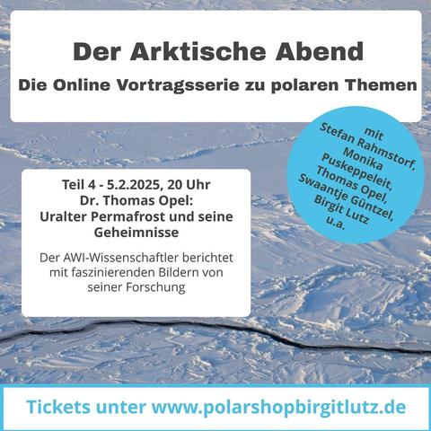 Foto vom Polarmeer, darauf der Hinweis auf die Online-Vortragsserie Der Arktische Abend, nächster Teil am 5.2. über Permafrost