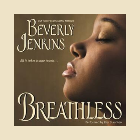 Audiobook cover of Breathless by Beverly Jenkins - a black woman in profile with light highlighting her features.