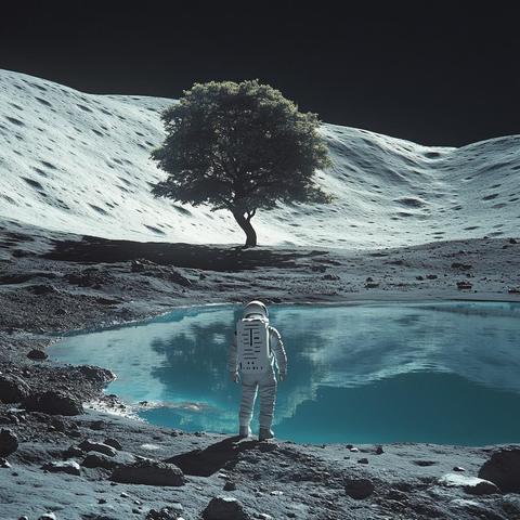 In a surreal, moon-like landscape, an astronaut clad in a reflective spacesuit pauses by the edge of a small, serene blue pond. A solitary tree, unusually thriving in this barren terrain, stands on a hill nearby, adding a touch of life to the desolate, rocky environment. The scene captures a moment of peaceful reflection in an otherwise inhospitable world, suggesting both isolation and a hint of the unknown.