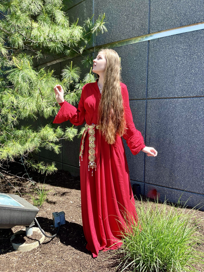 A princess buttercup cosplayer looking up at a tree