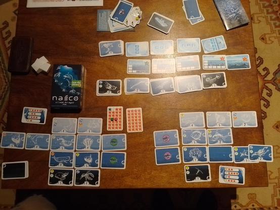 Table de jeu de société terminée. Les cartes évoquent des créatures marines.