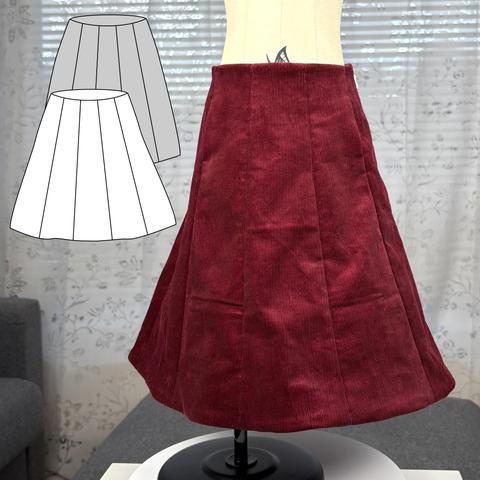 A 10 panel skirt in red curduroy on a dress form. In the upper left corner, a line drawing of the pattern.