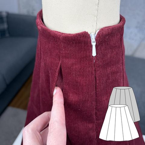 Detail shot showing of the pockets of a 10 panel skirt in red corduroy. 