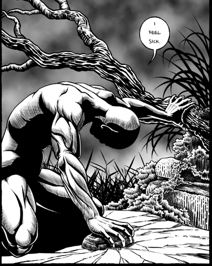 We see the main character of an upcoming comic book series picking himself up from the ground. 
