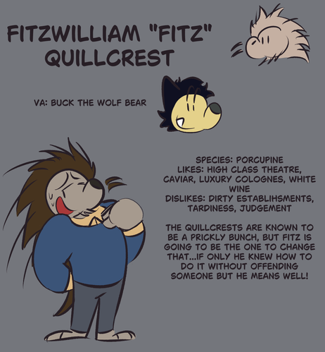 A sheet that displays the character "Fitz" a porcupine with a sophisticated air about him.