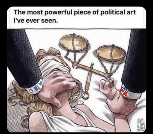 Lady Justice on the ground, held down by a man’s hand in a suit with white cuffs depicting logo’s if Google, Facebook and Twitter. The hand is covering her mouth. Another hand holds down the Lady’s left hand holding the scales of Justice. That cuff depicts a nazi flag and an American flag 