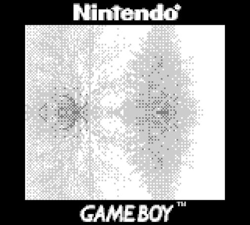A low resolution, low contrast black and white photo of trees. The image is abstract and appears to show a mirrored image of one tree split in two.  The black border around the photo says "Nintendo" above the photo and "Gameboy" below. 