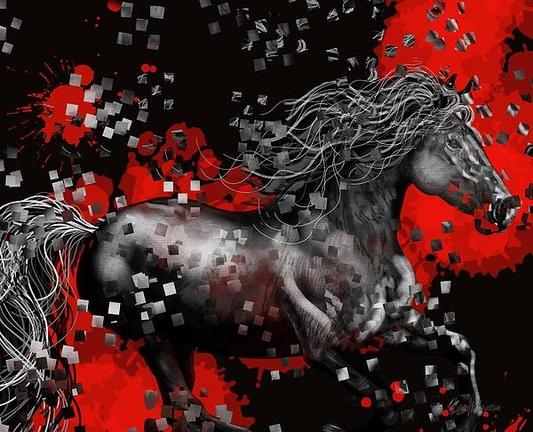 Abstract Galloping Horse with a Splash Of Red by Joan Stratton - https://paintingsbyjoan.com/

A dynamic horse is depicted against a striking red and black background, with its mane flowing wildly. Geometric shapes surround the horse, adding a sense of movement and energy.

Ether Art – A hand-drawn drawing / painting using the exciting modern art form, where art is created from scratch using a computer in lieu of a real canvas and paint, water colour, pastel, pencil, charcoal etc I create digital art from the ether, exactly the same as if I was starting with a blank canvas.