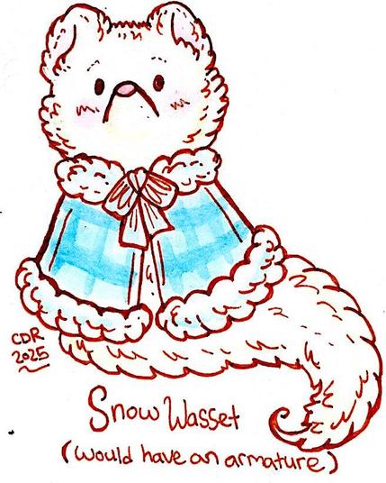 A limbless weasel with off white fur and a winter nose pink dressed in a plush fur trimmed blue plaid caplet. In short, a noodle of pure joy that needs more love in the Fearsome Critters category. This one, if it wins, will be getting a bendable armature inside so it can wrap around shoulders or arms.